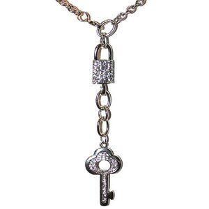 Silver Lariat Clear Crystal Lock & Key Charm Necklace Front Closure
